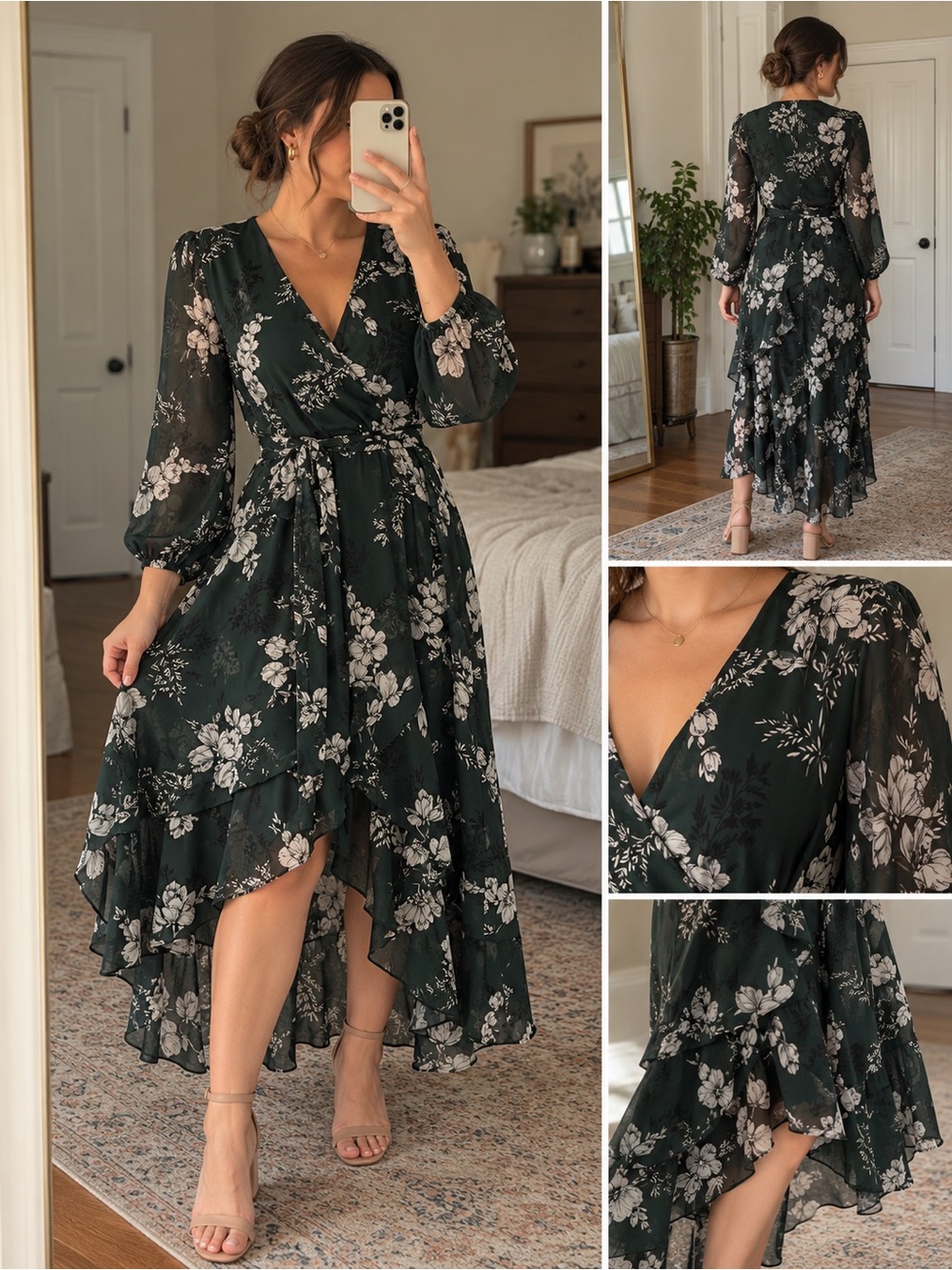 Lane Bryant Dark Green Floral Wrap High-Low Midi Dress